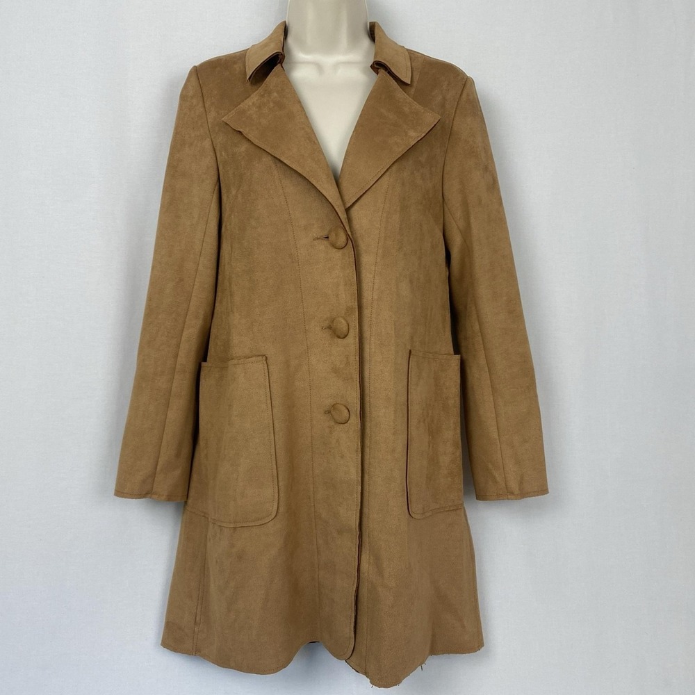 Magaschoni Faux Suede Long Jacket XS Tan Classic Minimalist Light Fall Car Coat